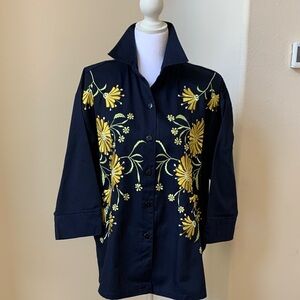 CC Sportswear Navy Blue Button-Up Shirt/Jacket with Yellow Floral Embroidery